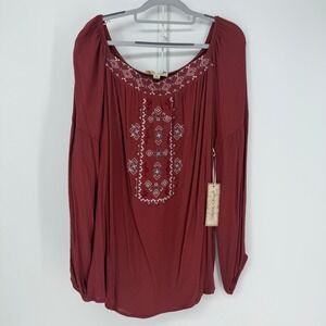 Band Crush Blouse Women 3X Burgundy Red Embroidered Boho Peasant Top Cottagecore